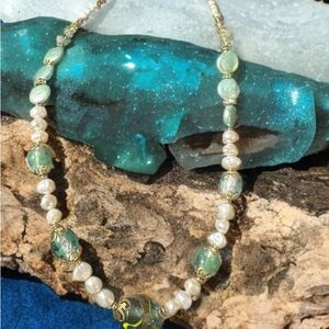 Artisan handmade Venetian Glass Genuine Pearls Necklace
